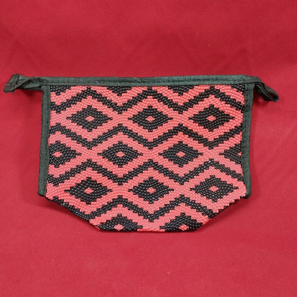Red Black Aztec Print Zipper Makeup Bag Lightweight Versatile Clutch Textured